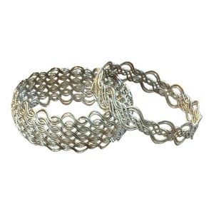 Silver Tone Woven Bangle Bracelet Set Intricate Wave Pattern Stackable Jewelry‎